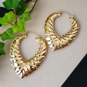 Large Statement Gold Scalloped V Shape Hoop Earrings